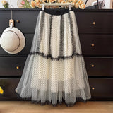 French Wave Point Mesh Splicing Layer Fluffy Skirt Women's Spring And Summer 2025 New Wooden Ear High-Waist Loose Swing Skirt