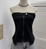 Real-Patring Zipper Open-Shirt With Bra Hottie Wrapped Breast Sexy Outer Wear Vest Short Irregular Sleeveless Top 2770