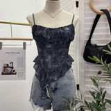 Real Shoot À±tie Bra Irregular Sling Sling Vest Slimming Print Mesh Sleeveless Top 8950