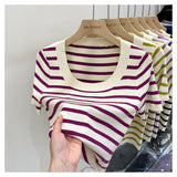 Striped Knitted Short Sleeve Fresh Sweet Simple Design Small Top Lady 2025 Summer New Fashion