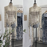 Real Shooting Collar Low-Breast Sexy Mesh Yarn Long-Sleeved Top Irregular Ribbon To Repair Hottie T-Shirt 8096