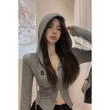 Double Zipper Embroidered Long-Sleeved T-Shirt Girl Early Spring Pure Hot Girl Sexy Short Hooded Blouse Inside The Bottom Shirt
