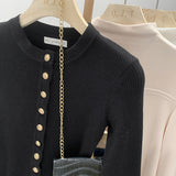 Oceanous Black Metal Buckle Round-Neck Long-Sleeved T-Shirt Women's Spring 2025 New Round-Neck Knitted Shirt Top