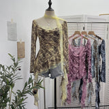 Real Shooting Retro Y2k Hot Tatry Lattice Lattice Mesh Splicing Lace Collar T-Shirt Irregular Ribbon Clothing 8078