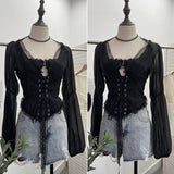 French Court Wind Strapped With Waist Fish Bone Shirt Lace Shirt Back Waist To Take Short Top 8803