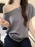 French Oblique Knitted Bat Sleeve T-Shirt For Women's Summer Pure-Willed Loose Short-Sleeved Ins Sexy Out-To-Shoulder Bottom Top