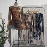Real Shooting Babes Long Sleeves And Jersey Net Yarn Dye Printing Irregular Lotus Leaf Edge Ribbon Folding Top 9998