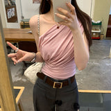 Lyselle Tiansi's Unique Beautiful Pink Slanted Shoulderless Sleeveless T-Shirt For Women's Summer 2025 New Super-Looking Dew Shoulder
