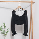 Fang Collar Leak Collar Collar Collar Short Shirt 2025 Spring Dress New Lantern Long-Sleeved Tie With Hanging Neck Shirt Women's Top 8876