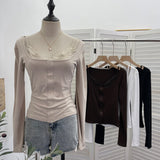 Real Shooting Spice Girls Fake Two Lace Slings Splicing Side Single Buckle Casing Long Sleeve Bottom Shirt 2828