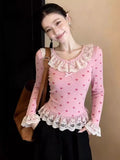 Sweet Wind Pink Love Lace Lace Long-Sleeved Bottom Shirt Woman Spring Slimming Temperament Beautiful Little Top