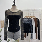 Small Personality Camouflage Mesh Spliced Long-Sleeved T-Shirt Short Repair Cloth Woman 8107