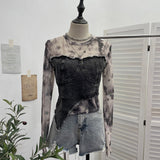 Vintage Dye Mesh Spliced Denim Shoulder Long-Sleeved T-Shirt T-Shirt T-Shirt Dress 2617