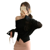 2026 Early Spring Word Shoulder Collar Knitted Shirt Woman Out Of The Shoulder To Wear A Bottom Shirt Spring And Autumn High-End Feel Sweater