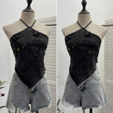 2025 Summer Babes Hanging Neck Cowboy Corset Irregular Hairy Short Vest 8905
