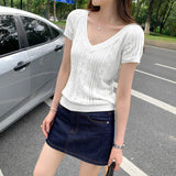 Unique Special Hollow Micropermeable V-Neck Knitted Short-Sleeved T-Shirt For Women 2025 Summer New Slim Slim Top