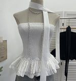 Real Shooting Tight Skirt Swing Fluffy Fragrant Chest Vest Hanging Neck Ribbon Short Blouse Woman 8169