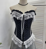 Real Shooting Retro Wave Point Splicing Lace Lace Bra Waist Sexy Short Sleeveless Hook Buckle Top 2825