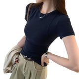 Round Collar Shoulder Short-Sleeved T-Shirt Women's Summer 2025 New Slimming Fish Bone Line Short-Hitting Shirt
