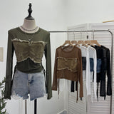 Vintage Spice Girls Stomee Net Yarn Sexy Perspective Drawstring Long-Sleeved T-Shirt Top 2630