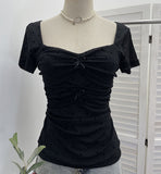 Solid Shot Bow Wave Point Elastic Summer New Short-Sleeved T-Shirt Pinch Folding Body Collar Mesh T-Shirt 28312
