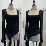 Real Shooting Collar Low-Breast Sexy Mesh Yarn Long-Sleeved Top Irregular Ribbon To Repair Hottie T-Shirt 8096