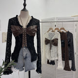 Real Shooting V Tie With Retro 2025 New Hottie Sexy Lace Splicing Pu Leather Hollow Shirt Top 6108