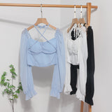 Fang Collar Leak Collar Collar Collar Short Shirt 2025 Spring Dress New Lantern Long-Sleeved Tie With Hanging Neck Shirt Women's Top 8876