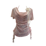 Hanging Neck Tie Fake Two Short-Sleeved T-Shirt Three-Dimensional Flower Folding Irregular Lotus Leaf Side Top Lady 1203