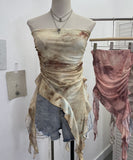 Tie Dyed Lotus Leaf Edge Mesh Shaft Irregular Ribbon Thin Belt Wrapped Bra Vest Top 9956
