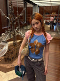 Korean Retro Color-Print Short-Sleeved T-Shirt Girls Summer Slimming Animal Design Sense Casual Top