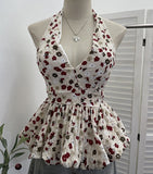 Real Shooting With Chest Pad Crumm Flower Hanging Neck Sling Vest Women's Summer Dress Sexy Deep V Skirt Swing Waist Sleeveless Top 9335