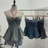 Real Shot With Chest Cushion Denim Sling Vest With Bow Hanging Neck Short Twiping Boat Blouse Woman 2611