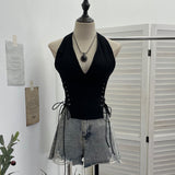 Deep V Hanging Neck With Chest Pad Sling On Both Sides Of The Strapped Open Fork-Lo-Back Zipper Short Babes Top 6310