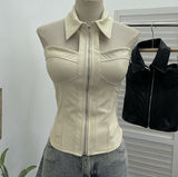 Real Shot With Chest Pad Hanging Neck Sling Vest Babes Design Pu Skin Tight Short Sleeveless Top Woman 1359