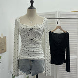 Real Shooting Atmosphere Love Print Net Folded Bow Bow Long Sleeve Bottom Shirt T-Shirt Collar Collar T-Shirt 2831
