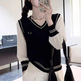 Vintage Mahjong Flower Short V-Neck Knitted Sweater Vest Vest Women Spring And Autumn Folding Over The Outside Of The College Style Top