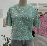 Pink Sequin Short Sleeve T-Shirt 2025 Spring And Summer Korean Version Of Loose Night Club Bling Top 9088