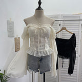 Real Shot Bow Strap Design Sense Shoulder Long Sleeve Chopped Sleeves Wreavage Horn Cuffed Chest Cushion Top 9639