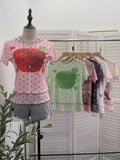 Double-Layer Screen Printed Short-Sleeved T-Shirt For Women's Summer New Dopamine Sweet Moringe Ear Top 2916