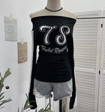 Spice Girl Sports Wind One-Word Shoulder Printed Lace Long Sleeve T-Shirt 1291