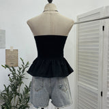 Sleeveless Strapped Braided Waistcoat With Lace Lace Spliced Folded Bodysuit 9325