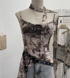 Spice Girls Newspaper Tie-Dye Printing Net Waste Vest Irregular Rope Ribbon 1197