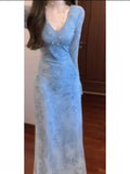 Autumn Temperament Wearing A Long Dress French Tie Stained Flower Blue Dress Women's Sunset Dress Waist High Sense Skirt