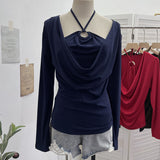 Real Shooting Explosion Hanging Neck Hollow Two Collar Long-Sleeved T-Shirt Folded Bottom Shirt 2769