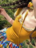 Dopamine Yellow U Collar Top Shredded Flower Skirt Suit Women Summer Age Reduction Thin Holiday Wind Two Sets Of Women