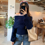 Ma Hua's Word Shoulder-To-Shoulder Knitted Shirt Woman Autumn Commute New Korean Lazy Wind Waist Top