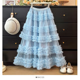 New Heavy Industry Lace Cake Skirt Long Dress Sweet Wind High Waist Wood Ear Mesh Skirt 8103
