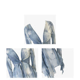 New French Retro Tie-Dye V-Neck Knotted With Long-Sleeved Shirt With Lotus Leaf Strap
