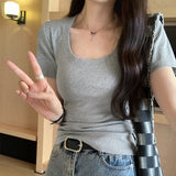 This Year's Popular Beautiful Korean U-Neck Shoulder Short-Sleeved T-Shirt Women's Summer 2025 New Sweet And Spicy Bodywear